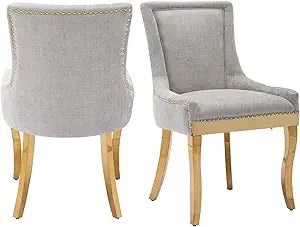 Fabric Upholstered Side Chairs Set of 2, Solid Wood Kitchen Dining Room Chairs with Nailheads Legs (Fabric Beige)