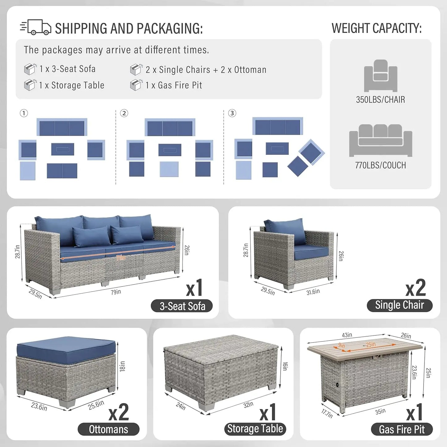 Patio Furniture Set 6 Piece PE Rattan Outdoor Conversation Sets Grey Wicker Couch Sectional Sofa with Fire Pit Table, Custom
