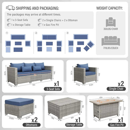 Patio Furniture Set 6 Piece PE Rattan Outdoor Conversation Sets Grey Wicker Couch Sectional Sofa with Fire Pit Table, Custom