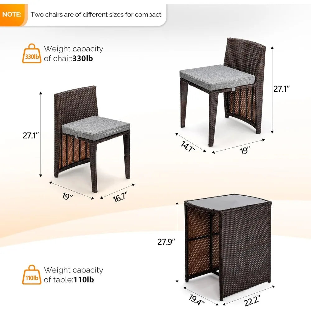 3-piece wicker patio bistro set, glass top table and chairs for small space balcony dining