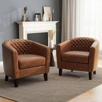 Faux Leather Barrel Accent Chairs Set of 2, Round Club Chair Modern Upholstered Armchair for Living Room, Comfy Nailed Trim Arm