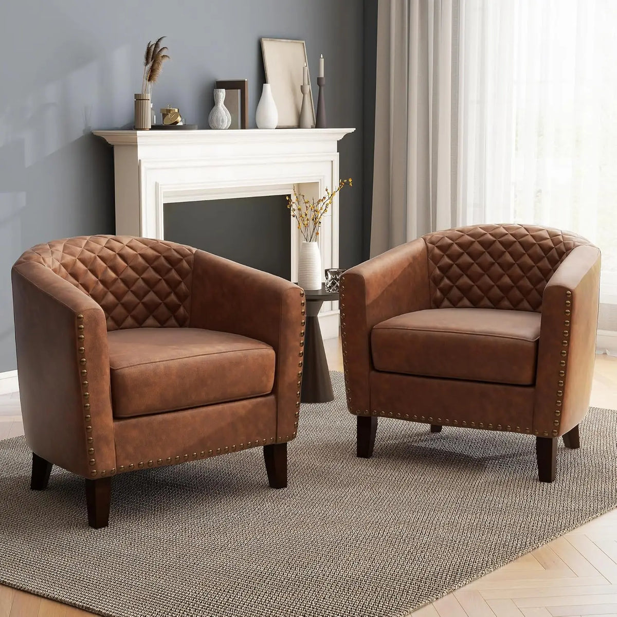 Faux Leather Barrel Accent Chairs Set of 2, Round Club Chair Modern Upholstered Armchair for Living Room, Comfy Nailed Trim Arm