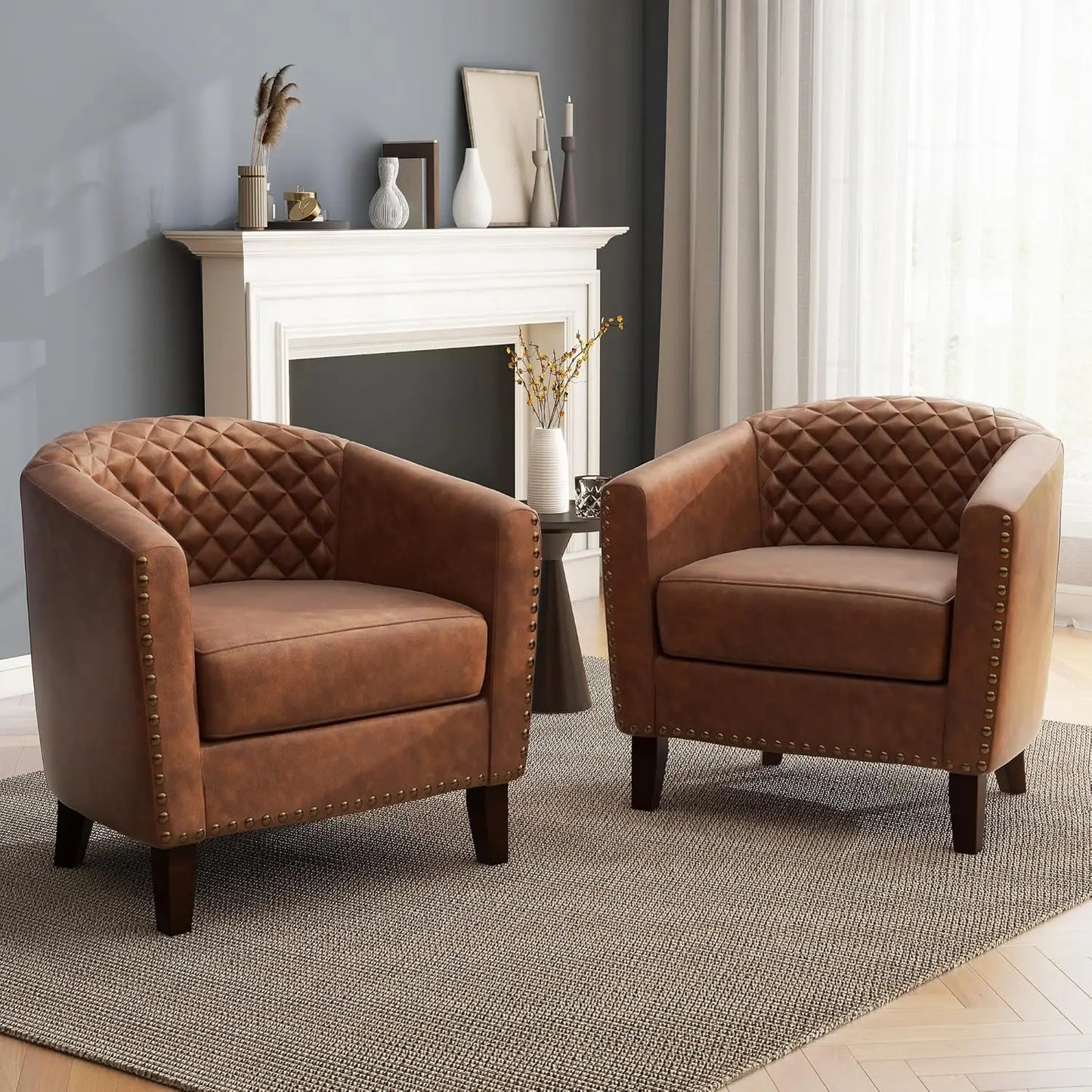 Faux Leather Barrel Accent Chairs Set of 2, Round Club Chair Modern Upholstered Armchair for Living Room, Comfy Nailed Trim Arm
