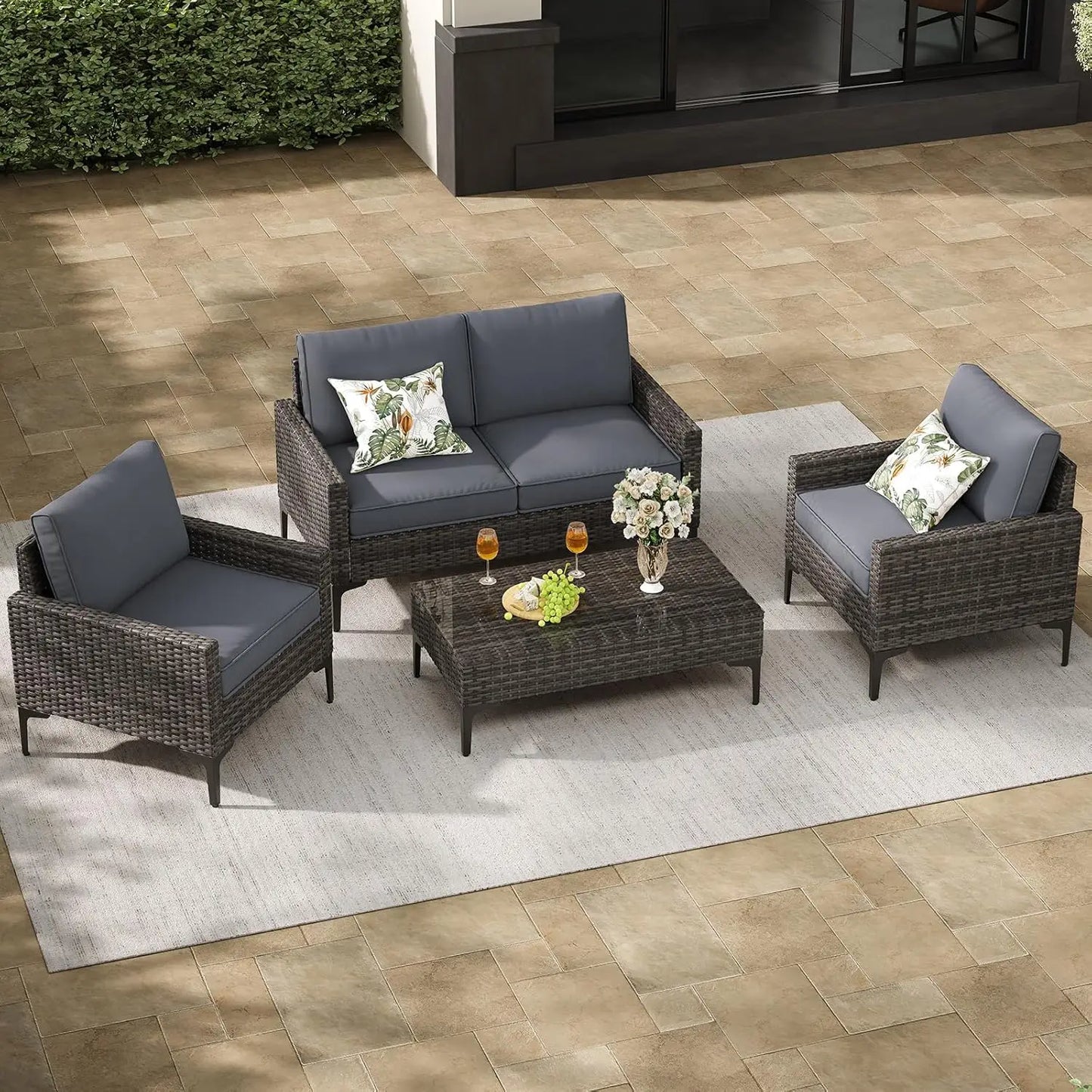 4-Piece Outdoor Sectional Sofa Set, All-Weather Wicker Patio Furniture with L/R armrest & Tempered Glass Table,, Customized