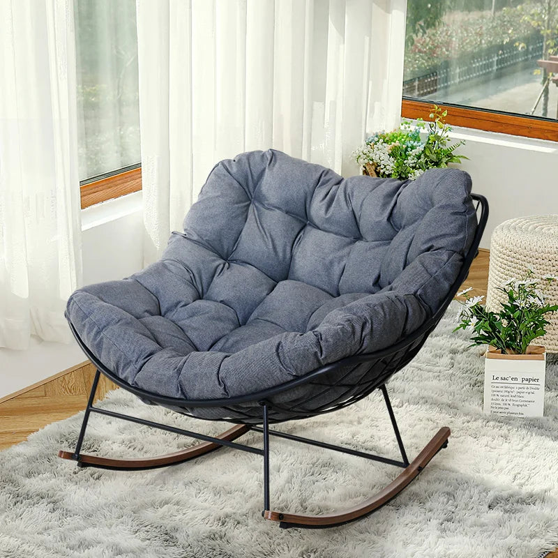 Outdoor Rocking Chair , E-Coated Papasan Rocking Chair with Cushion, Oversized Recliner Rocker for Patio Porch Garden