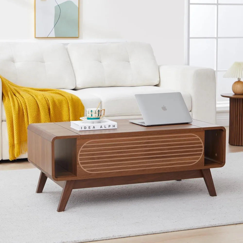 Small Lift Top Coffee Table with Hidden Compartment, Mid Century Modern Curved Coffee Table with Storage Shelf, Wooden Rectangle