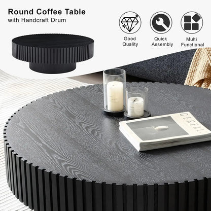 Modern Wooden Coffee Table Round Black with Solid Wood Veneered, Circle Center Table Accent Tea Table for Living Room Apartment