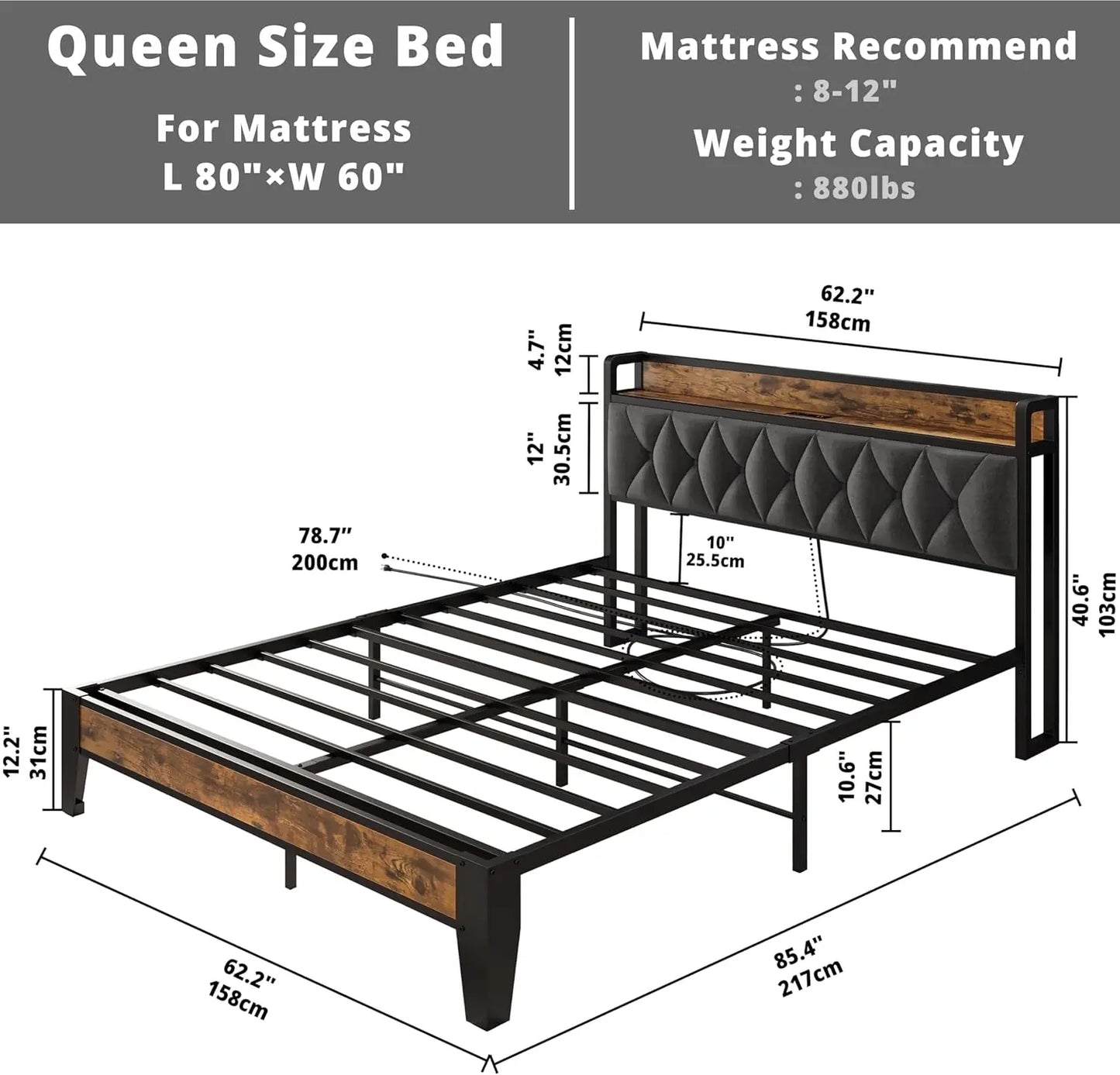 ANCTOR Twin/TwinXL/Full/Queen/King/CaliforniaKing Bed Frames, Storage Headboard with Outlets, No Noise, No Box Springs Needed
