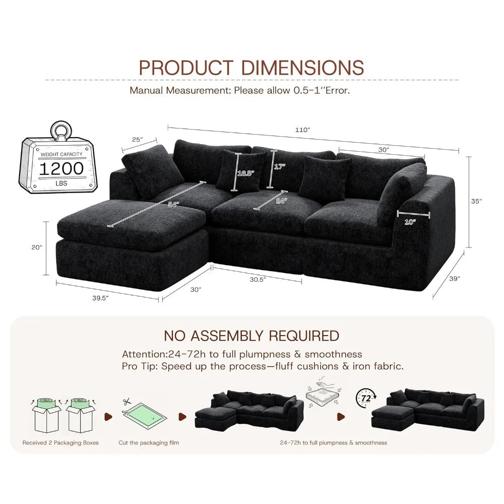 110''Oversized Modular Sectional Sofa Chenille Deep Seat Memory Foam L Shape Ottoman 2 Pillows Washable Cover Living Room Custom