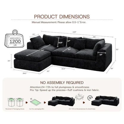 110''Oversized Modular Sectional Sofa Chenille Deep Seat Memory Foam L Shape Ottoman 2 Pillows Washable Cover Living Room Custom