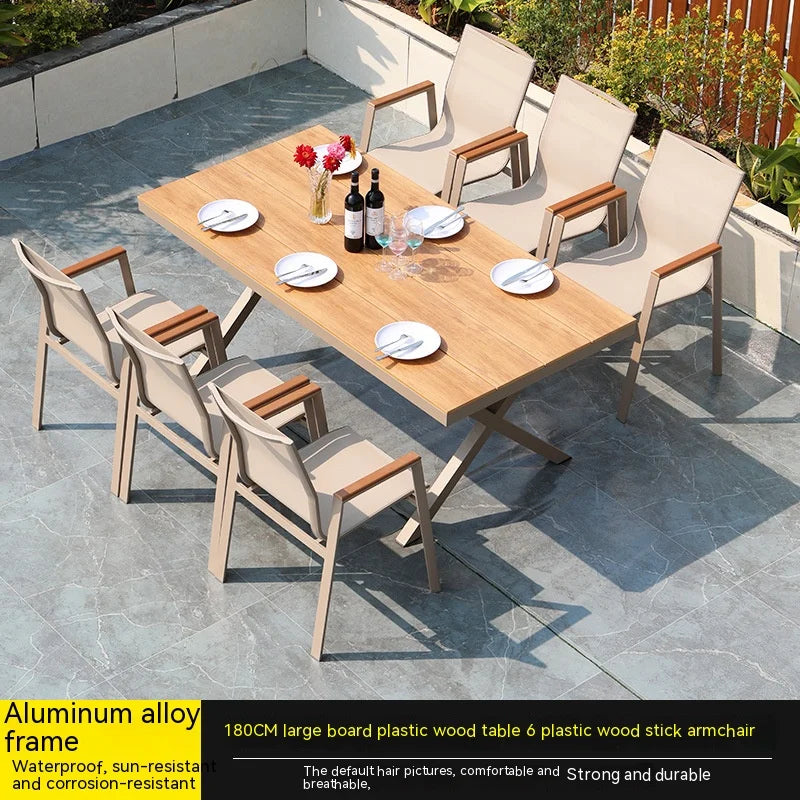 #Modern Outdoor Aluminum Chair Wood Metal Frame Villa Patio Garden Table Chair Set For Dining Courtyard Leisure