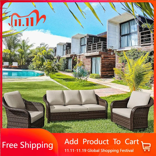 3 Pieces Patio Conversation Set, 78" Wicker 2-Seat Couch with Washable Cushions, Wicker 360 Degree Swivel Glider Rocker Chairs,