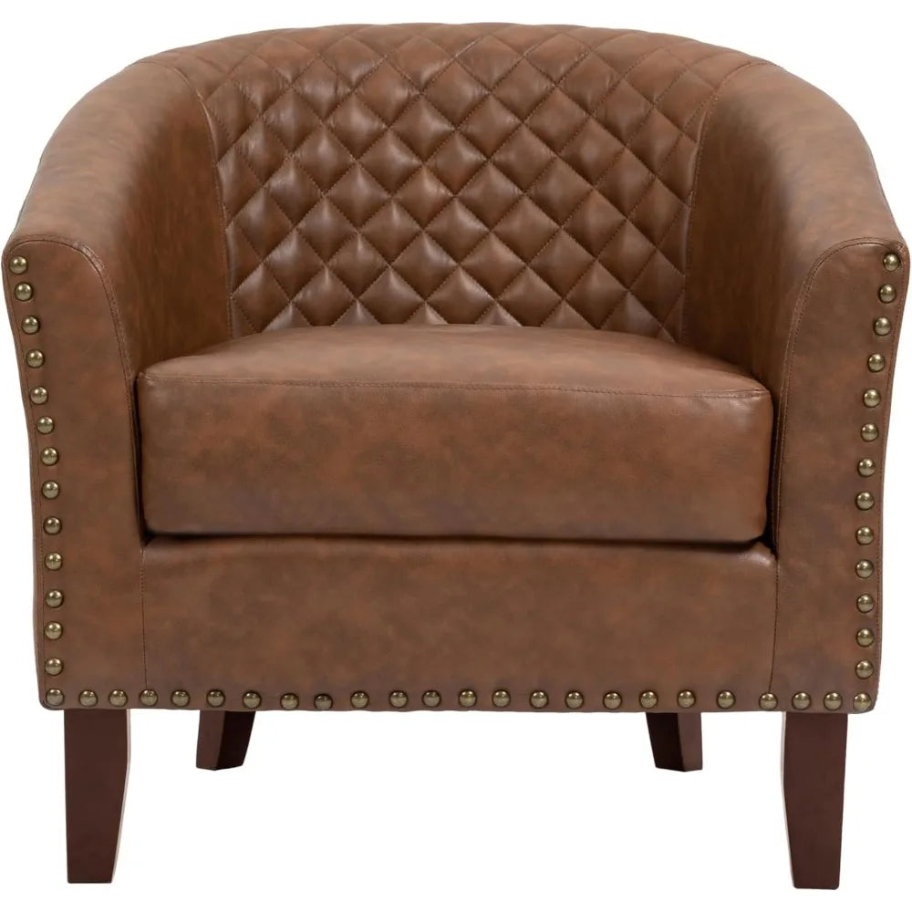Modern Comfortable Faux Leather Armchair for Living Room and Bedroom, Stylish Barrel Club Chair with Upholstered Armrests for Re