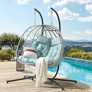 2 Person Double Egg Swing Chair with Stand Indoor Outdoor, Patio Wicker Rattan Hanging Egg Chair w/Cushion, Pillow, Fo