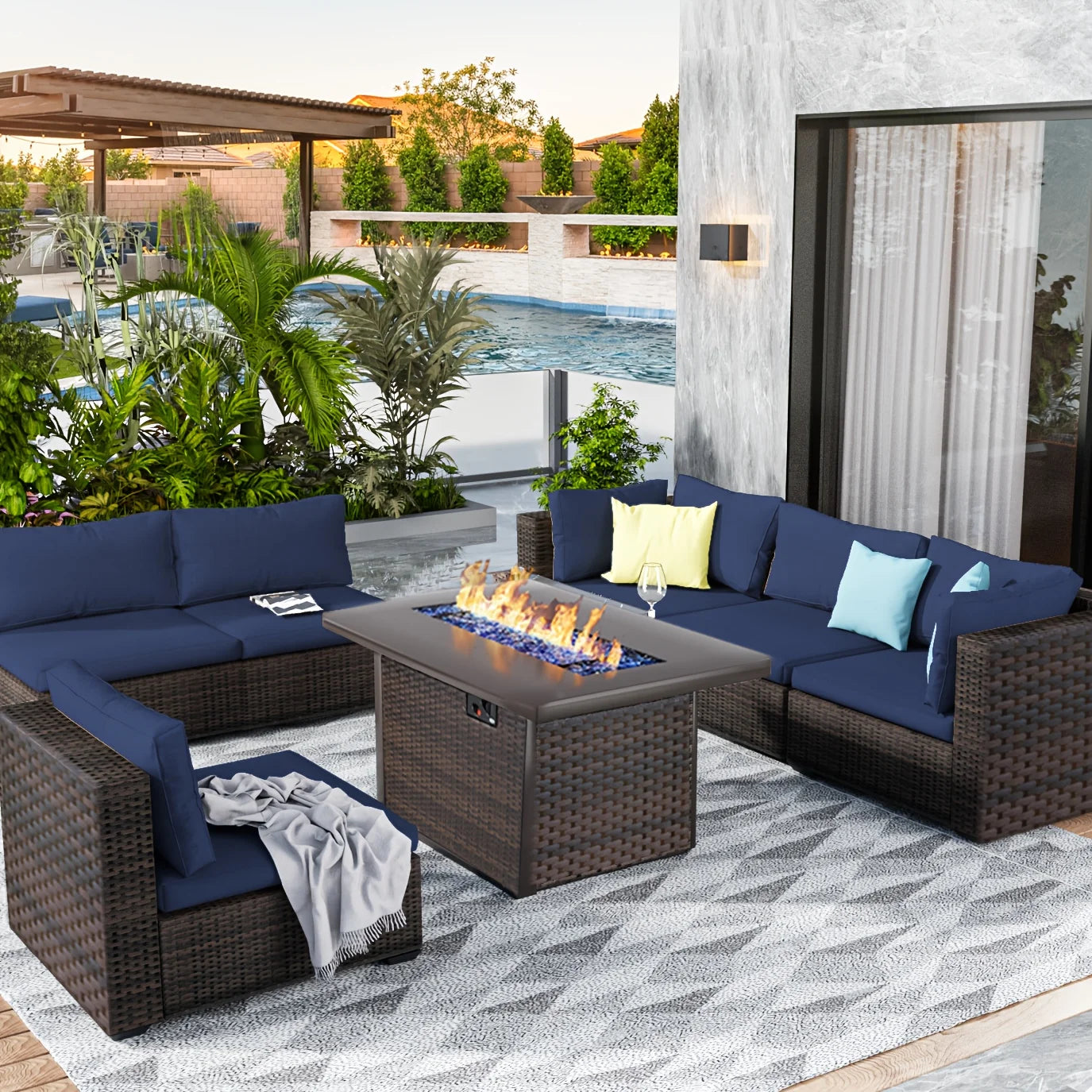 7 Pieces Outdoor Sectional Patio Furniture Set With Fire Pit Table Rattan Wicker Patio Sectional Conversation Set With Cushions