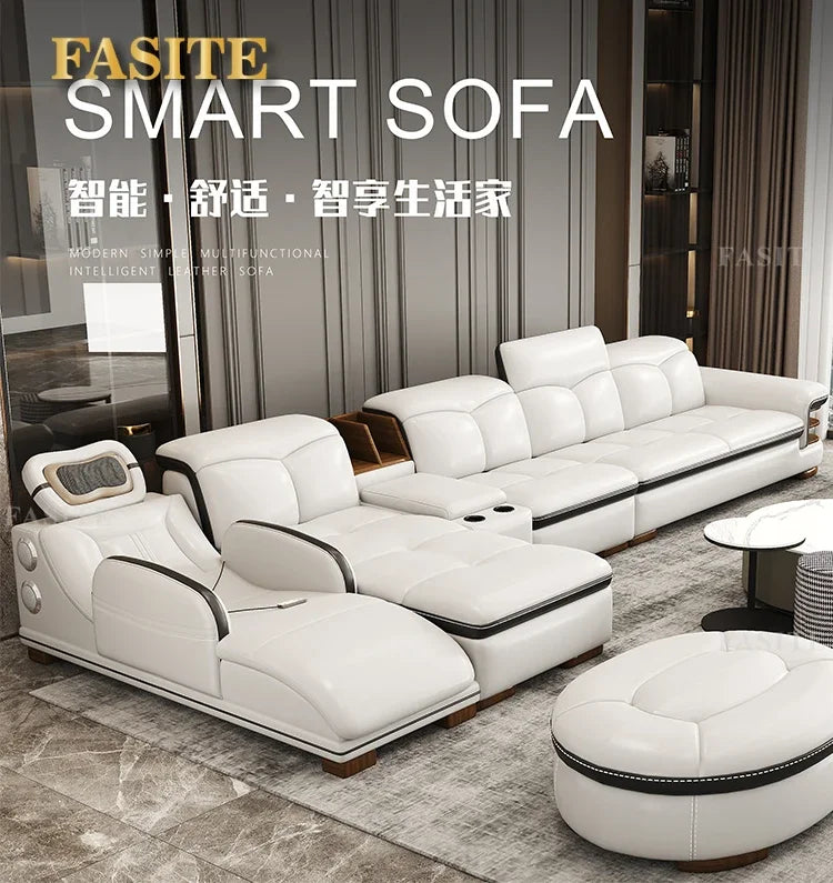 Premium Smart leather sofa massage for left and right noblewomen, cowhide solid wood living room corner small unit