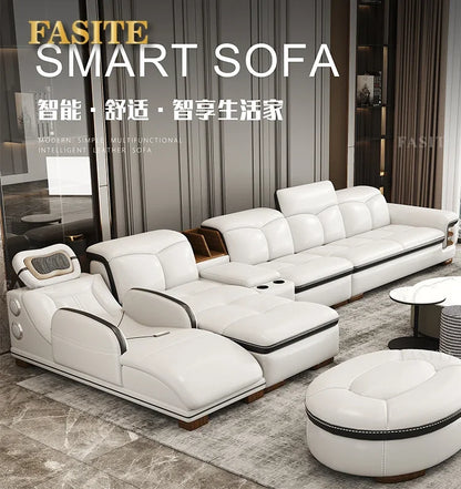 Premium Smart leather sofa massage for left and right noblewomen, cowhide solid wood living room corner small unit