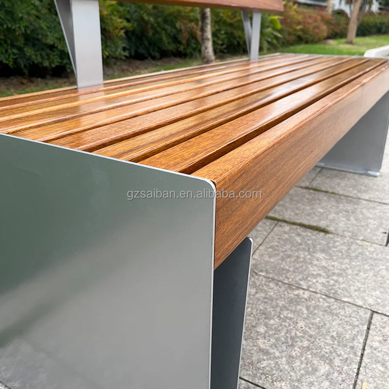 Banc urbain en métal au design moderne, mobilier de rue en bois pour parcs et lieux pour utilisation sur patio