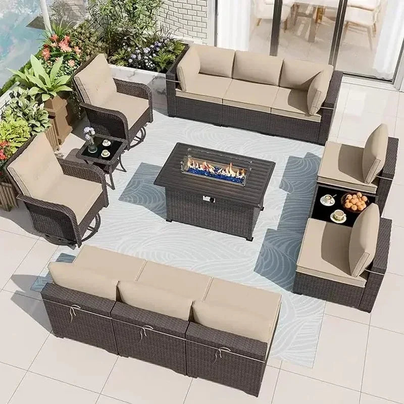 13-Piece Outdoor Furniture Set with 2 Swivel Chairs and Gas Fire Pit, Includes 10 Cushions for Patio Conversation