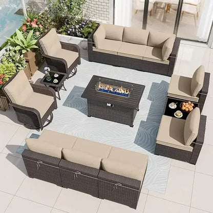 13-Piece Outdoor Furniture Set with 2 Swivel Chairs and Gas Fire Pit, Includes 10 Cushions for Patio Conversation