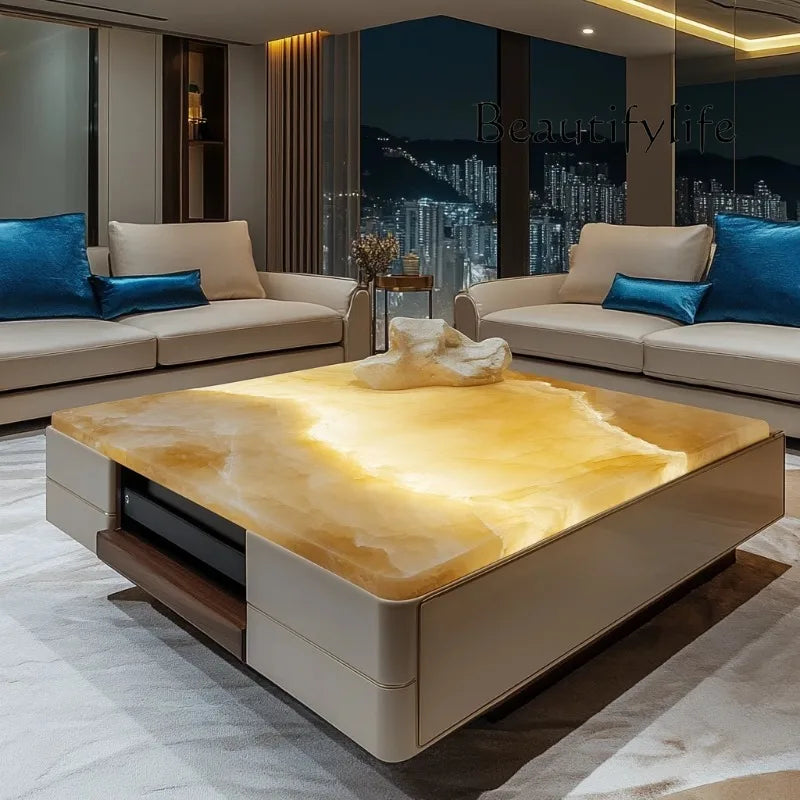 High-quality luminous jade coffee table living room custom square modern design luxury stone light luxury villa