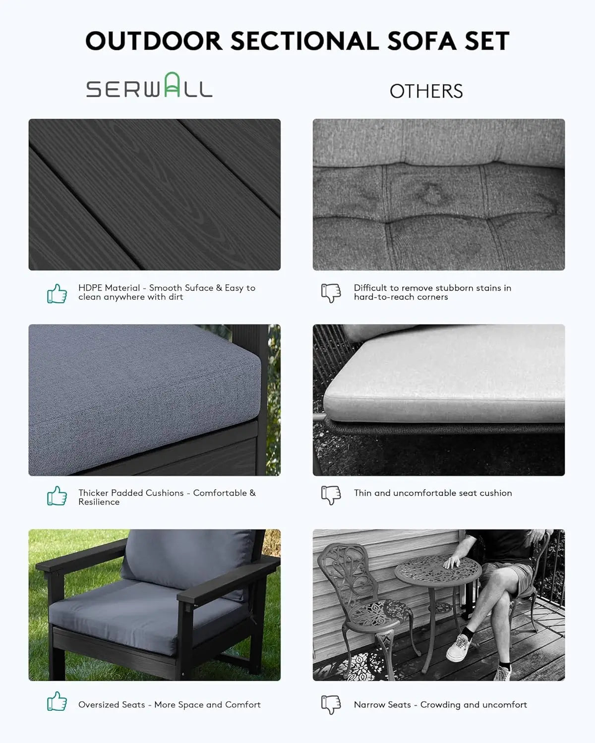 HDPE Patio Conversation Set, 6-Piece Sectional Outdoor Furniture Set, All Weather Outdoor Couch Set Patio Furniture Set