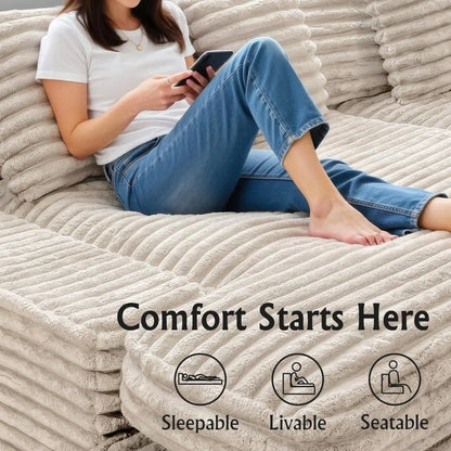 Couches for Living Room-Corduroy Couch Beige,118 Cloud Sectional Couch with L-Shape Chaise, Modern Modular Sofa