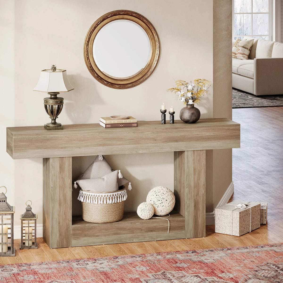 Rustic 2-Tier 63 Console Table with Storage for Entryway, Living Room, and Hallway in Brown & Gray