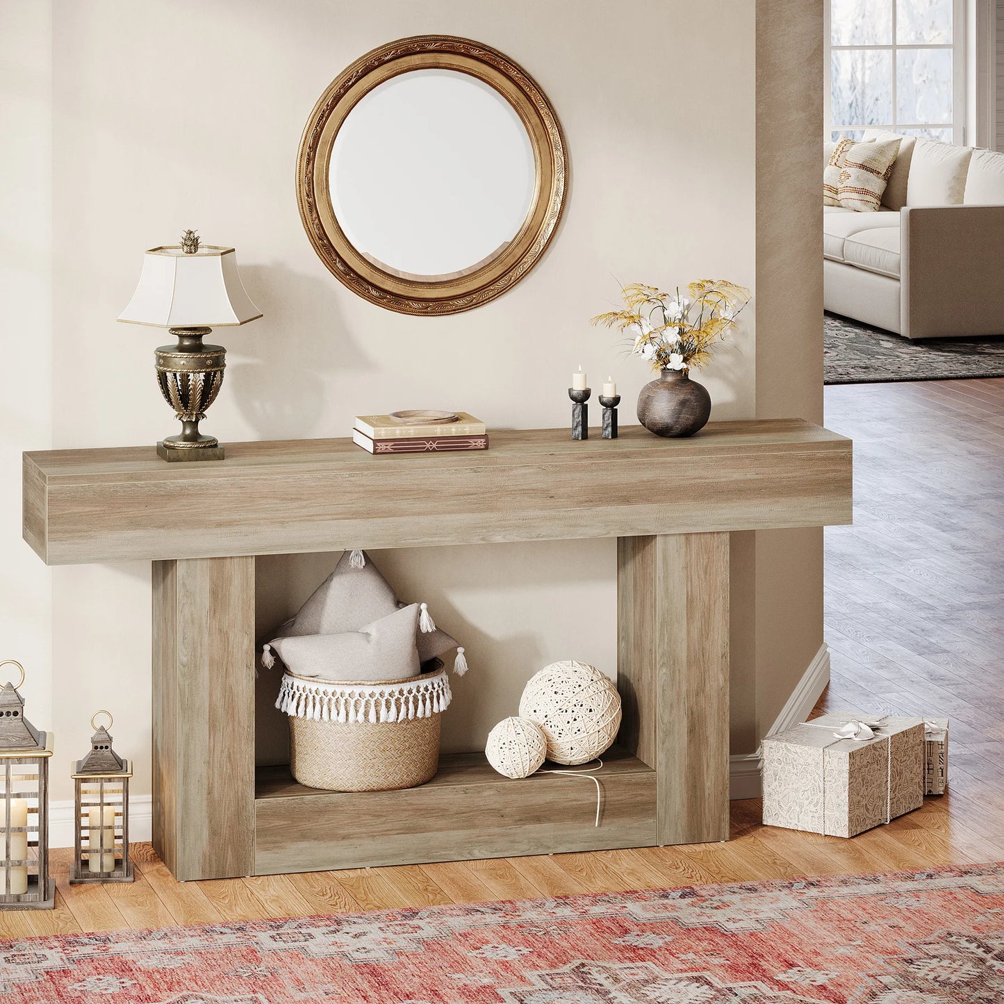 Rustic 2-Tier 63 Console Table with Storage for Entryway, Living Room, and Hallway in Brown & Gray