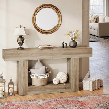 Rustic 2-Tier 63 Console Table with Storage for Entryway, Living Room, and Hallway in Brown & Gray