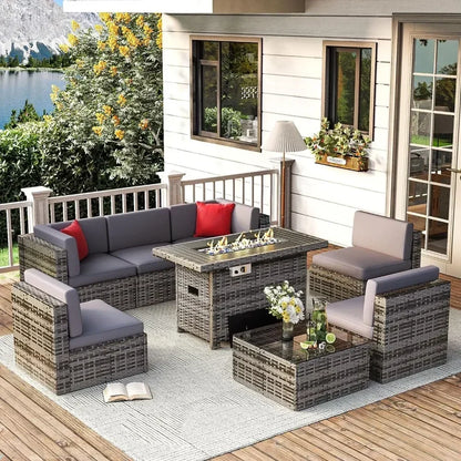 /Outdoor Patio Furniture 8 Pieces Set with 40" Fire Pit Table, Wicker Rattan Sectional Conversation Set with Coffee Table