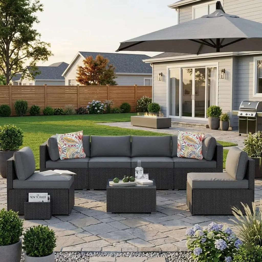 7pc All-Weather Wicker Sectional Sofa Set Modular Rattan Conversation Thick Cushions Glass Table Backyard Poolside Deck Custom