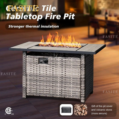 50,000 BTU Rectangular Propane Fire Pit Table 7-Piece High-Back Conversation Sofa and Matching Side Table,Grey Rattan Denim Blue