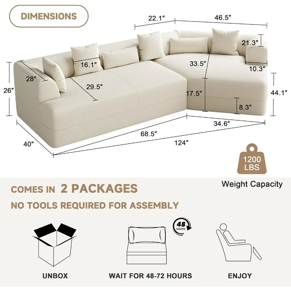 124" Cloud Sectional Couch, Upholstered Couches for Living Room Bedroom, Modern Boneless Modular Sofa with Deep Seat, L-Shape Mo