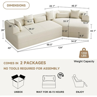 124" Cloud Sectional Couch, Upholstered Couches for Living Room Bedroom, Modern Boneless Modular Sofa with Deep Seat, L-Shape Mo