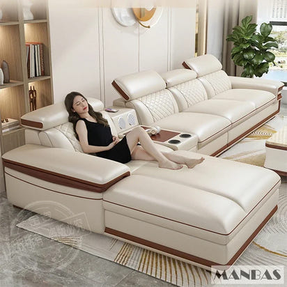 Customizable Premium Italian Genuine Leather Sofa Set for Living Room with Adjustable Headrests