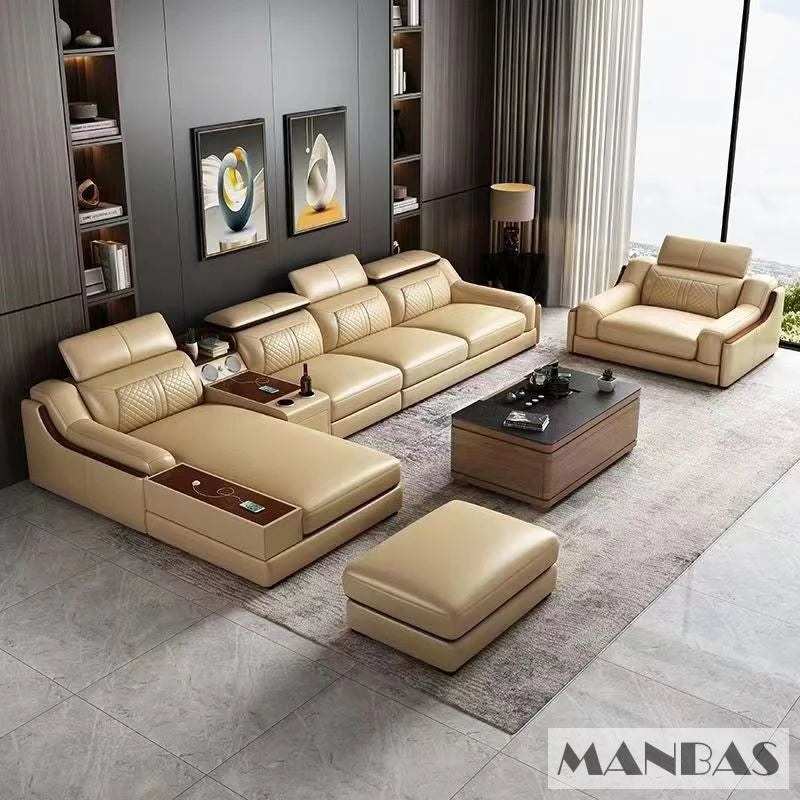 Stylish Italian Genuine Leather Sofa for Living Room with Cup Holder, USB, Adjustable Headrests & Bluetooth Speaker - Linlamlim