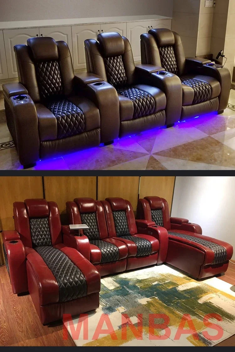 Linlamlim Luxury 3-Seat Recliner Sofa with Cup Holders, Leather Home Theater Seating, Cinema Recliner Couch with Center Console