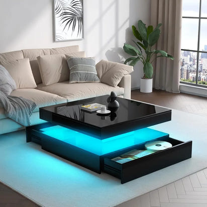 LED Coffee Table for Living Room with Storage - High Glossy Modern White Center Table with 2 Drawers, Square Wooden Middle Tabl