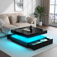 LED Coffee Table for Living Room with Storage - High Glossy Modern White Center Table with 2 Drawers, Square Wooden Middle Tabl