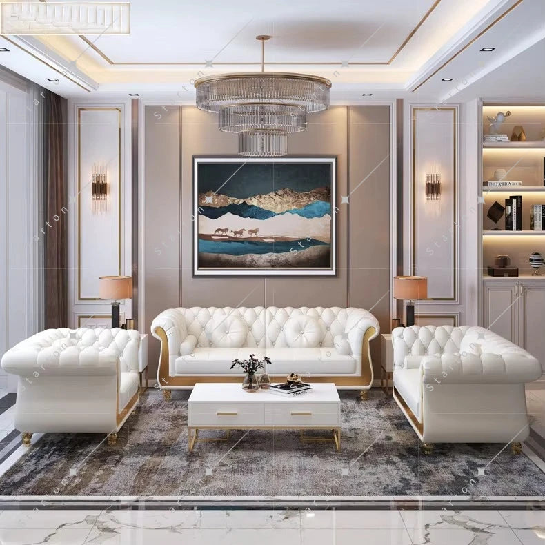 Luxury Chesterfield Sofa for Home Office Hotel Living Room Furniture Modern Genuine Leather Sofa Set