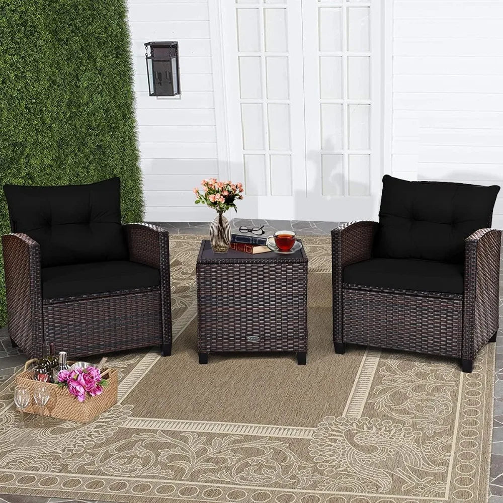 3 Piece Patio Furniture Set, Wicker Bistro Conversation Set w/ 2 Cushioned Armchairs & Glass Topped Table, Outdoor Rattan Sofa