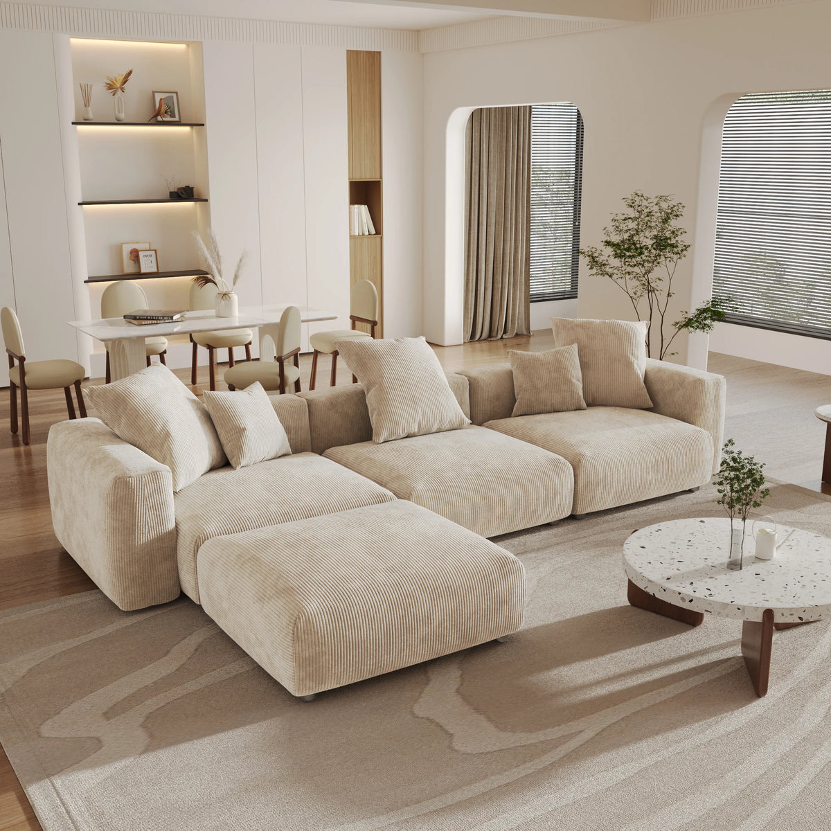 Sdorens 141.73'' L Shape Sectional Sofa Corduroy Fabric Couches Oversized 3 Seater Couch with 1 Ottomans for Living Room Set