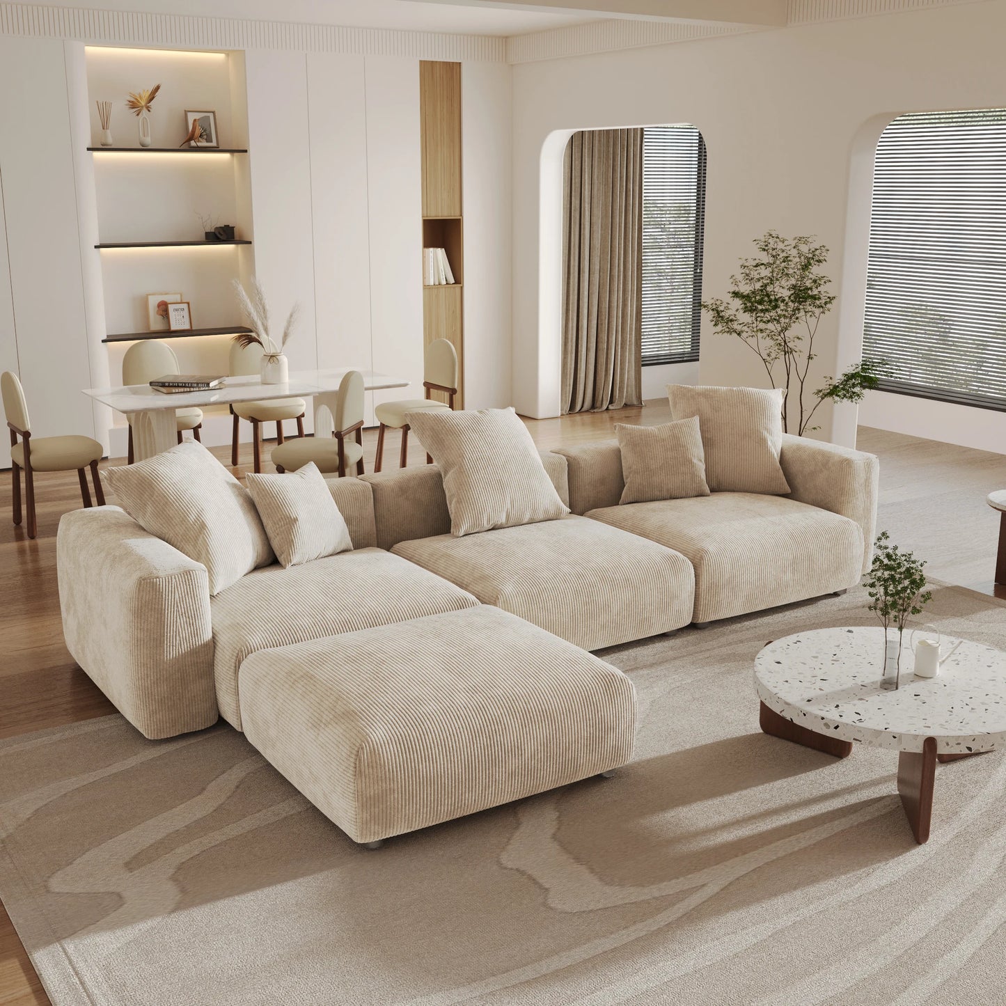 Sdorens 141.73'' L Shape Sectional Sofa Corduroy Fabric Couches Oversized 3 Seater Couch with 1 Ottomans for Living Room Set