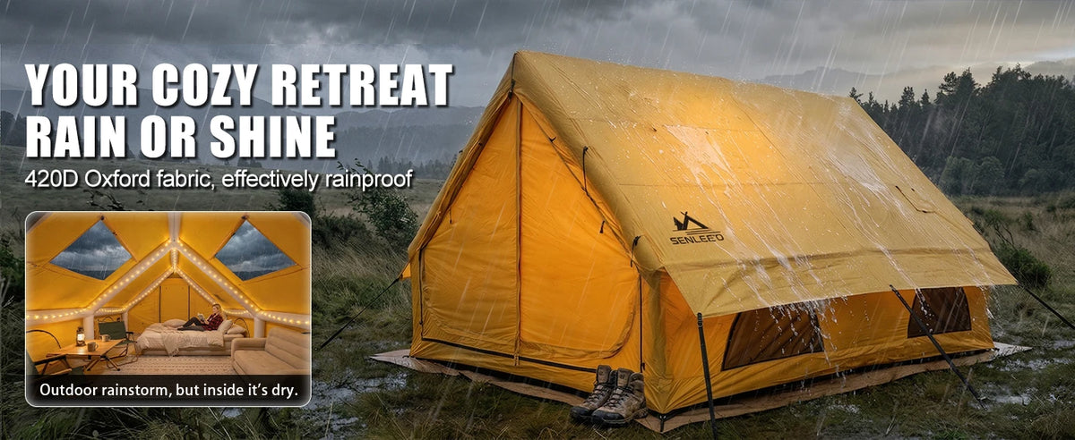 129 Sq Ft Inflatable Camping Tent Easy Setup Waterproof Oxford Air Tent House with Pump 4 Season Family Glamping Tent