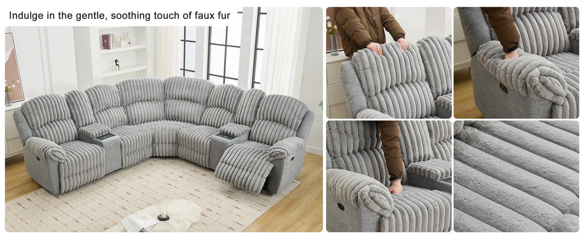 Power Reclining L-Shaped Fuzzy Rabbit Plush 5-Seater Sectional Sofa Set with Wireless Charger, USB Type-C Port & Storage Console