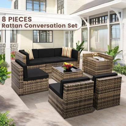 HOME-8 Piece Outdoor Wicker Patio Furniture Sectional Set, Glass Top Table With Hidden Storage, Includes 7 Seating Componentscam