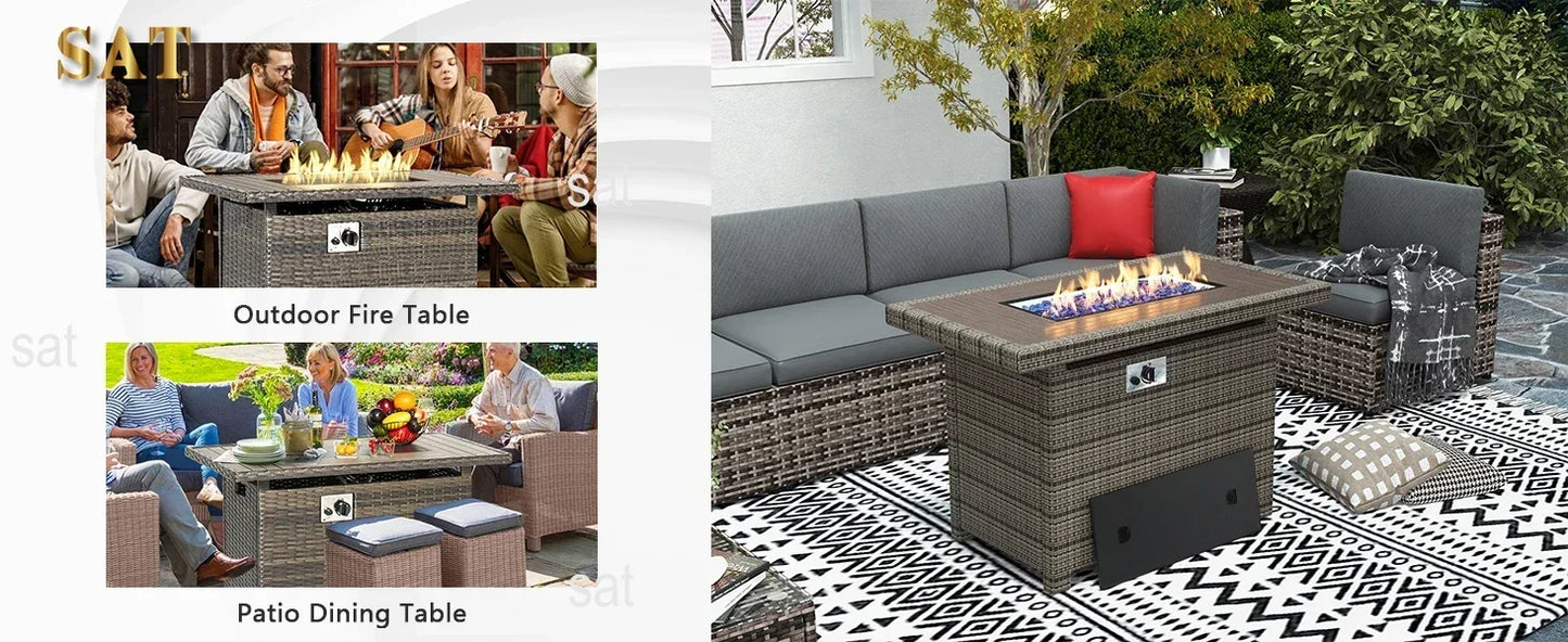 /Outdoor Patio Furniture 8 Pieces Set with 40" Fire Pit Table, Wicker Rattan Sectional Conversation Set with Coffee Table