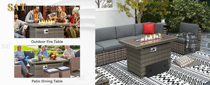 /Outdoor Patio Furniture 8 Pieces Set with 40" Fire Pit Table, Wicker Rattan Sectional Conversation Set with Coffee Table
