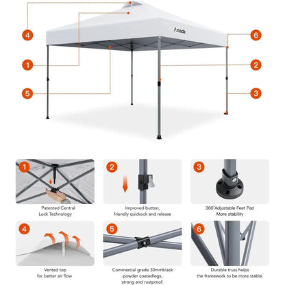 10x10 Center Lock Push Setup Outdoor Beach Tent with Carry Bag, 8 Stakes & 4 Sand Bags, Adjustable Shade Shelter